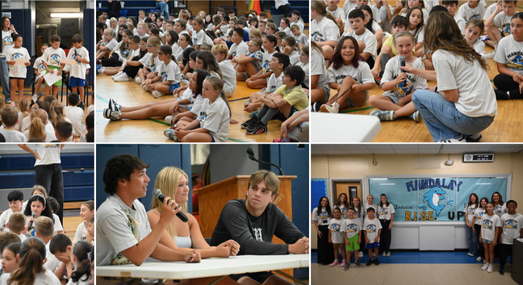 A collage of six photos shows students and adults participating in school events, including gym assemblies and classroom activities.